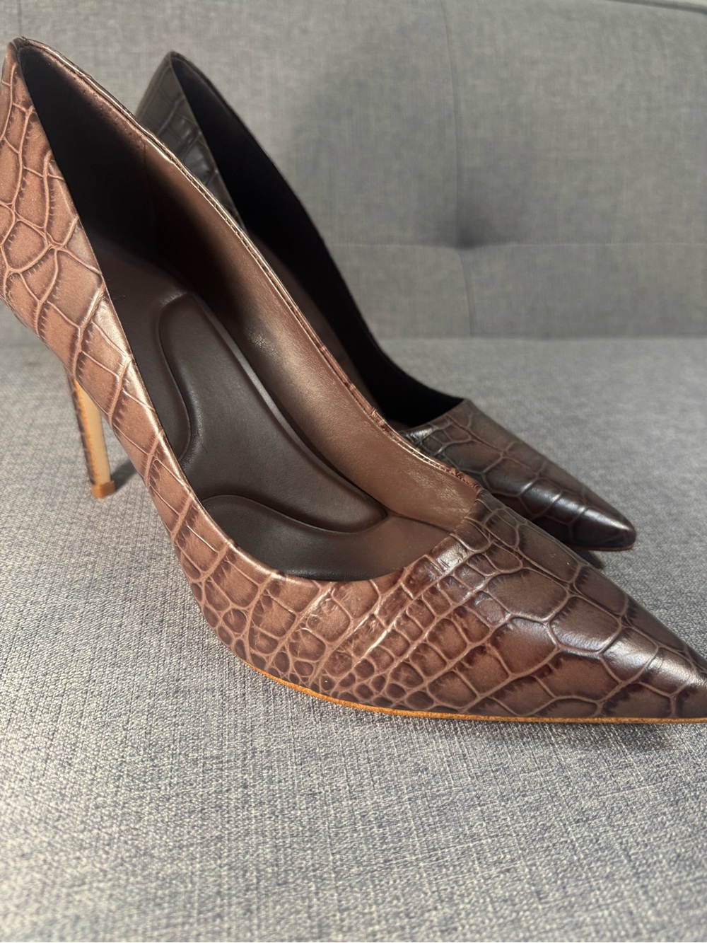 Brown Croc-Embossed Pointed-Toe Stiletto Pumps
